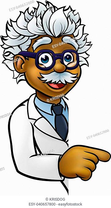 A cartoon scientist professor wearing lab white coat peeking around sign  and pointing at it, Stock Vector, Vector And Low Budget Royalty Free Image.  Pic. ESY-040657800 | agefotostock