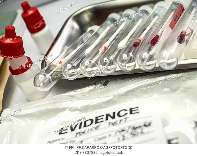Different samples hair and blood to analyze in the laboratory scientific, conceptual image