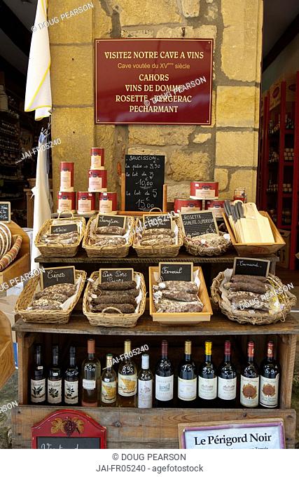 Shop selling sausages and wine, Domme, Dordogne, Aquitaine, France