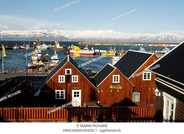 Iceland, Nordurland Eystra region, Skjalfandi Bay, Husavik, fishing port, whaling ship