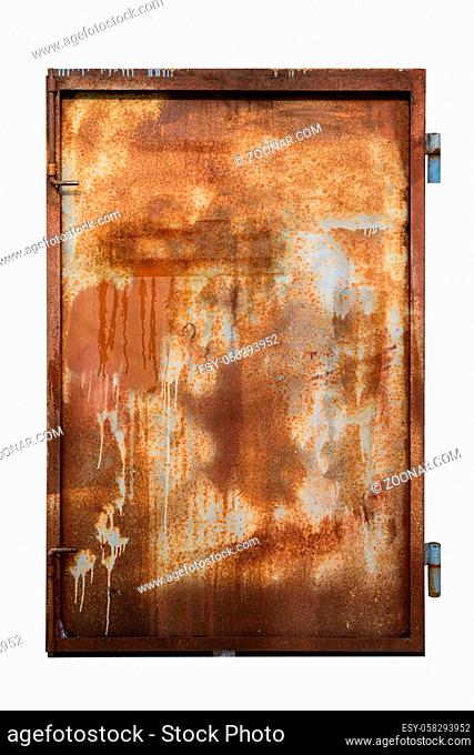 one wing of brown old metal gate with rust elements, paint and drips isolated on white background