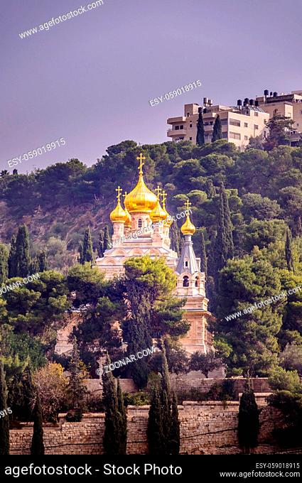 View on Mary Magdalene s cathedral of Russian Orthodox Gethsemane convent among trees on Mount of Olives slope
