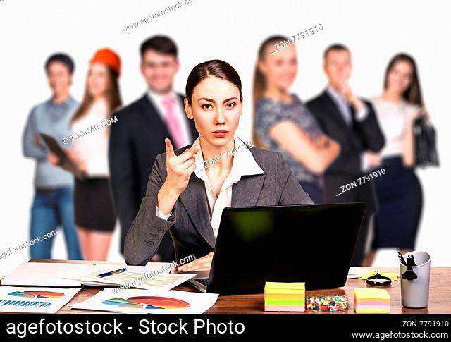 Businesswoman sitting at the table and thinking on a white background