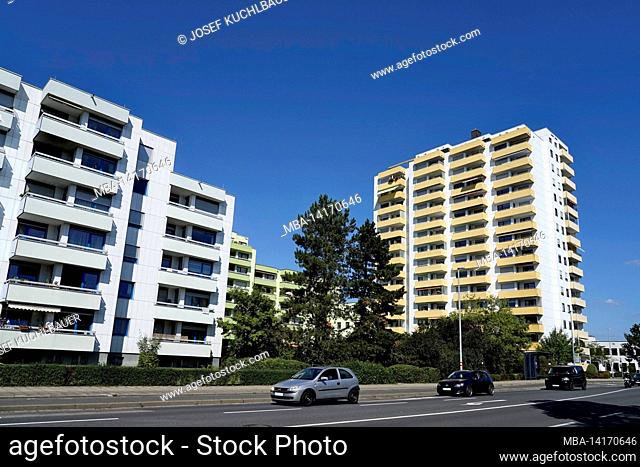 germany, bavaria, upper franconia, bamberg, residential complex, block of flats, yellow balconies, street