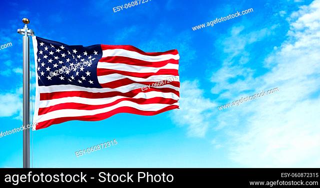 The national flag of the United States of America waving in the wind. Clear sky in the background. Selective focus. Democracy, independence and election day
