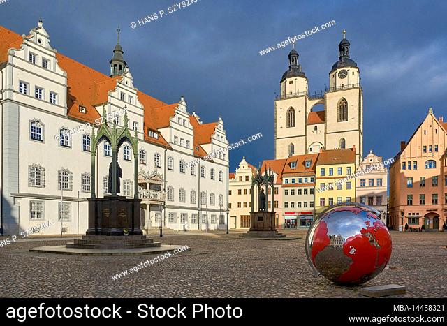 Market with Town Hall and Satdtkirche St. Marien in Lutherstadt Wittenberg, Saxony-Anhalt, Germany, Europe