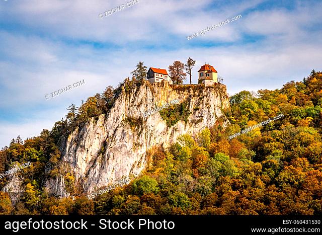 Colorful view of Bronnen Castle on the hiking trail in autumn in the Danube Valley near Beuron in the Sigmaringen district
