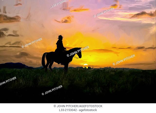 Montana cowboy on the range at first light