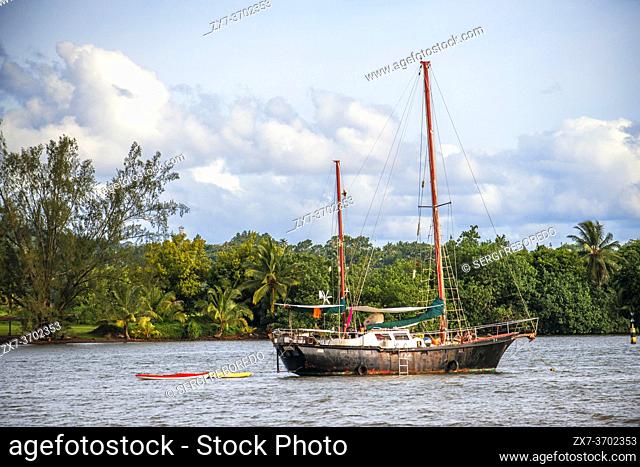 Old sailing boat in front of Tahitian coast. Papeete Tahiti nui French Polynesia France