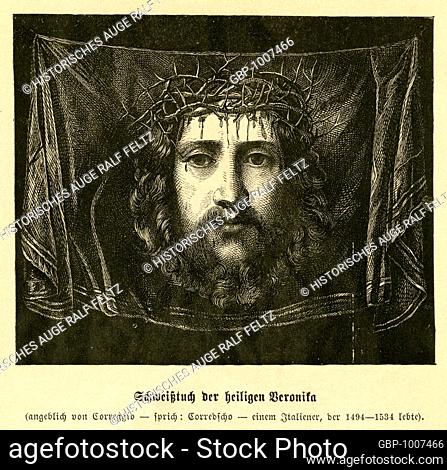 Asien, Israel, Jerusalem, das Bild zeigt Jesus von Nazaret mit Dornenkrone , Bildunterschrift : Schweißtuch der heiligen Veronika , angeblich von Correggio