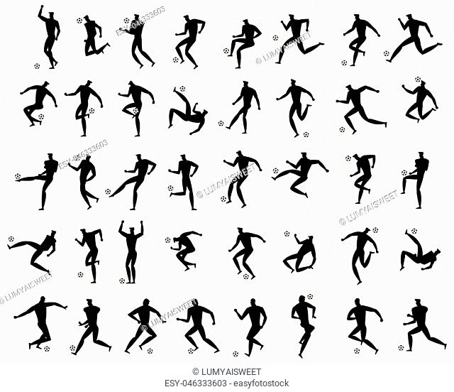 isolated poses of soccer players in silhouettes. football action vector illustration
