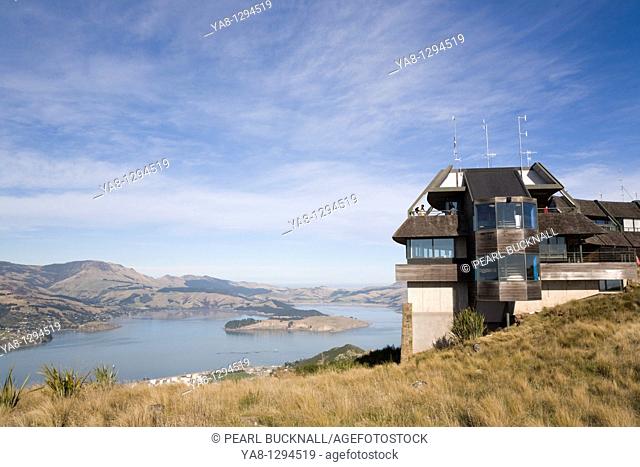 Christchurch Canterbury South Island New Zealand  Mount Cavendish Gondola cable car top summit terminal station building in Port Hills with view to Lyttelton...