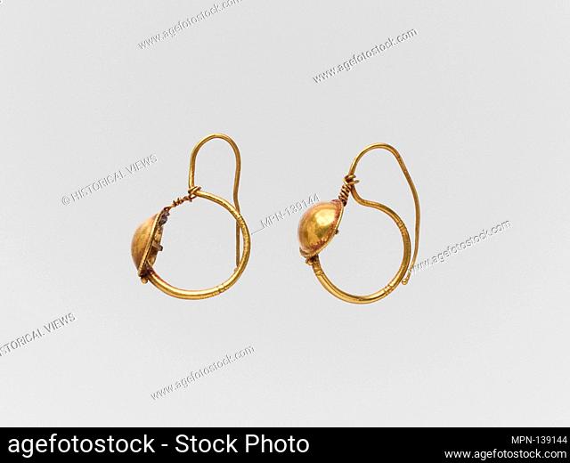 Gold earring with convex disc. Period: Imperial; Date: 2nd century A.D; Culture: Roman; Medium: Gold; Dimensions: Other: 1 1/16 in. (2