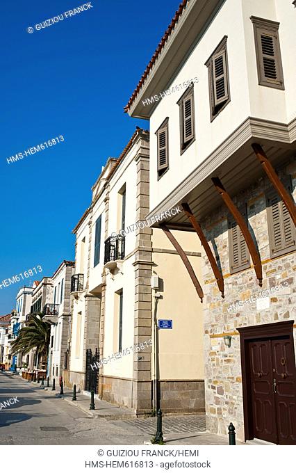 Greece, Lemnos Island, Myrina, capital town and main harbour of the island, the Neoclassical frontages in the North Bay