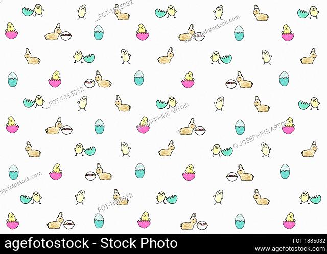 Childs drawing of Easter bunnies and chicks in eggs