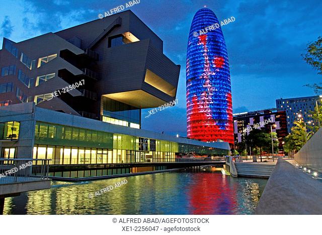 Torre Agbar and building DHUB at sunset, Barcelona, Catalonia, Spain