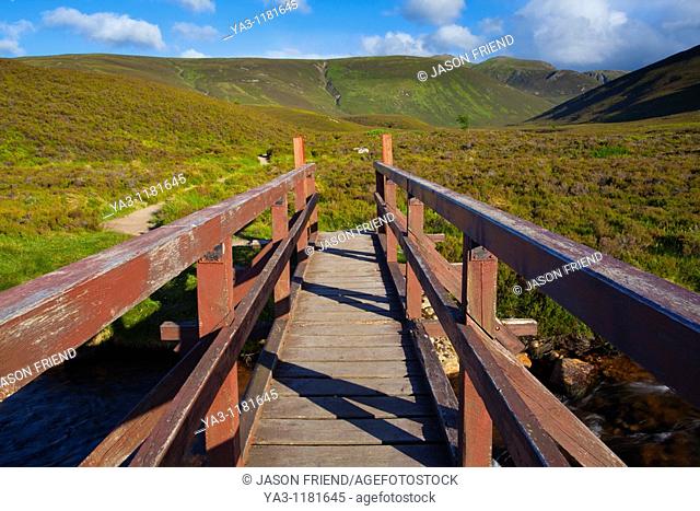Scotland, Scottish Highlands, Cairngorms National Park  Footbridge crossing a mountain burn flowing through the wild landscape to be found near Strath Nethy