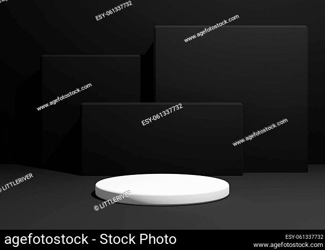 Black, dark gray, black and white, 3D render of a simple, minimal product display composition backdrop with one podium or stand and geometric square shapes in...
