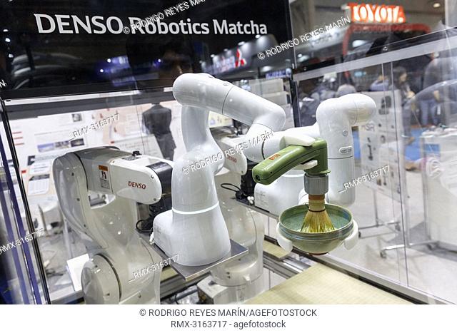 October 21, 2018, Tokyo, Japan - A robot arm developed by DENSO Corp. prepares green tea during the World Robot Summit 2018 at Tokyo Big Sight in Tokyo