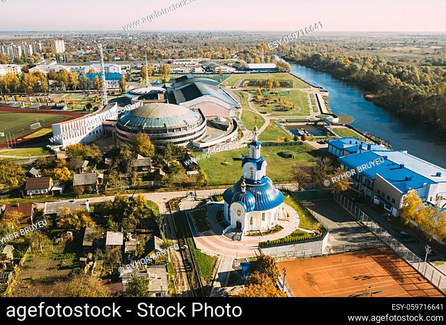 Pinsk, Brest Region Of Belarus, In The Polesia Region. Pinsk Cityscape Skyline In Autumn Morning. Bird's-eye View Of Church of the Nativity of the Blessed...