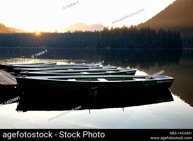 Germany, Bavaria, Upper Bavaria, Berchtesgadener Land, Berchtesgaden National Park, Ramsau bei Berchtesgaden, Hintersee, rowing boats at Hintersee in the early...