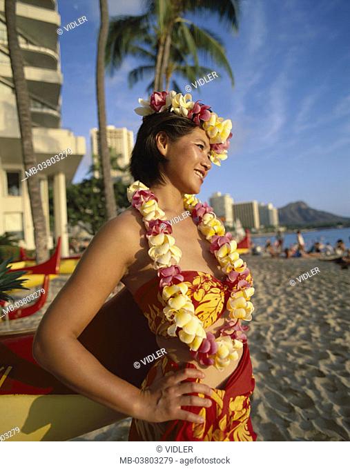 USA, Hawaii, island Oahu, Honolulu, Waikiki Beach, woman, Hawaiianerin, quietly Polynesia, Hawaii islands, destination, destination, sandy beach, palms, sea
