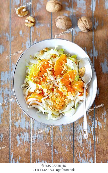 chicory and mandarin salad with walnuts (seen from above)