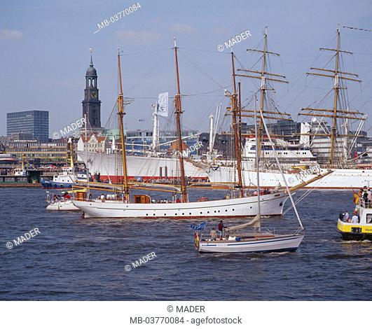 Germany, Hamburg, view at the city,  St. Michelis church, tower, harbor,  Ships Europe, Central Europe, Northern Germany, city, Hanseatic town, view at the city