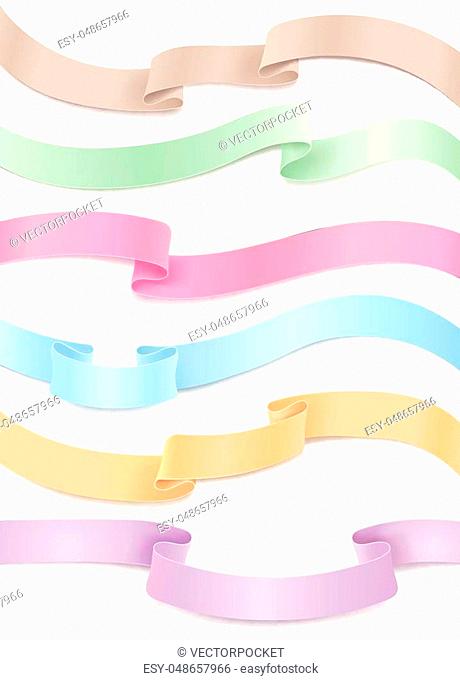 Vector set of flowing satin or silk ribbons in pastel shades. Horizontal design elements for sale, decoration. Ornate elegant decor objects