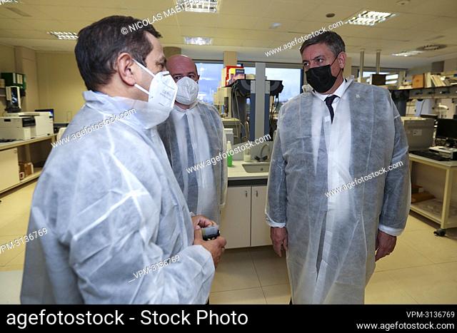 Flemish Minister President Jan Jambon (R) pictured during a visit to the Azti fishery research centre in Derio, Spain on Monday 15 November 2021