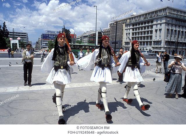 Athens, Greece, Europe, Changing of the Guards (evzones) ceremony at the House of the Greek Parliament at Plateia Syntagmatos (Constitution Square) in downtown...