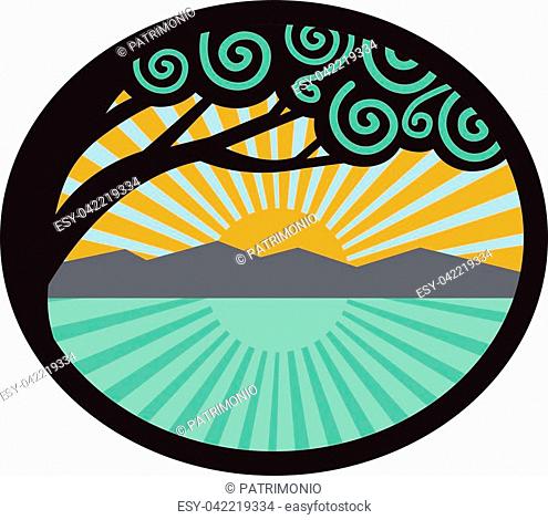 Illustration of a monkeypod tree with mountain, sea and sunrise in the background set inside oval shape done in retro style