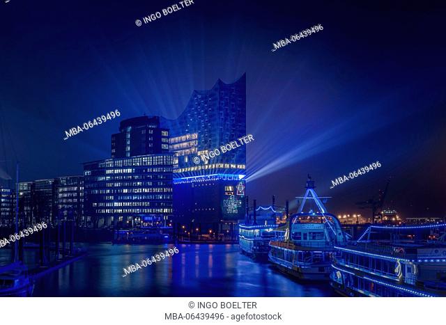 Germany, Hamburg, the Elbe, harbour, St Pauli, landing stages, Elbphilharmonie, light show, at night
