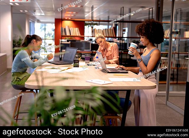 Biracial female advisors working at table in modern workplace