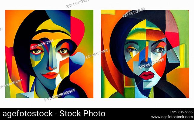 Set of two color images of abstract female portrait, rich color background, cubist artwork