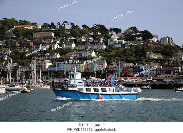England Devon Dartmouth Passenger cruise boat on the River Dart showing Kingswear on the opposite bank of the river