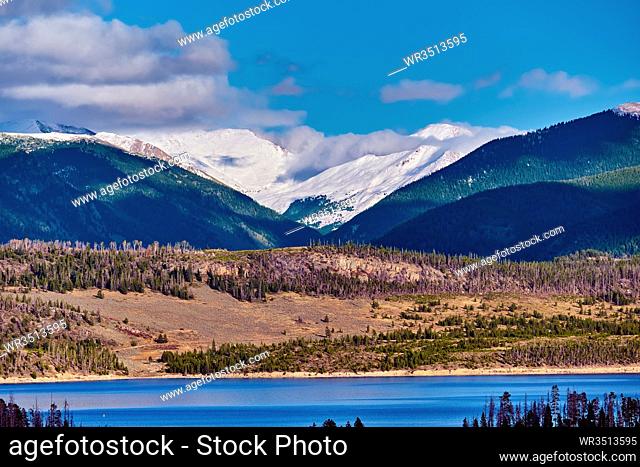 Dillon Reservoir and Swan Mountain in snow at autumn. Rocky Mountains, Colorado, USA