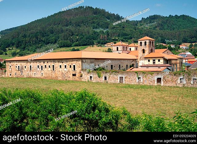 Panoramic view to the old monastery of Cornellana, landmark on the Camino de Santiago trail between Grado and Salas, Asturias, Spain