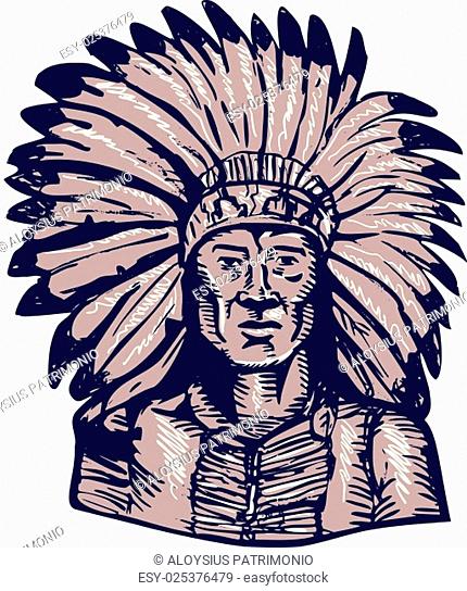 Etching engraving handmade style illustration of a native american indian chief warrior viewed from front set on isolated white background