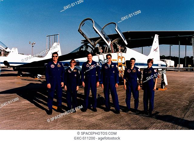 03/11/1997 --- Six of the seven astronauts assigned to the STS-83 crew arrive at Kennedy Space Center's Shuttle Landing Facility in preparation for their...