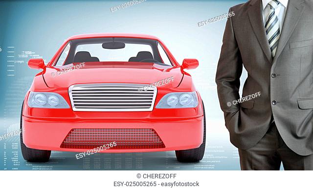 Businessman with red car on abstract blue background, front view