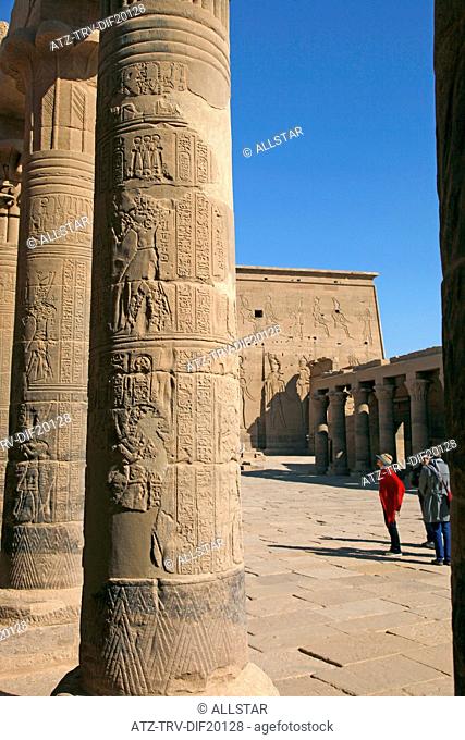 COLUMNS & PYLON OF THE TEMPLE OF ISIS; PHILAE, AGILKIA ISLAND, ASWAN, EGYPT; 10/01/2013