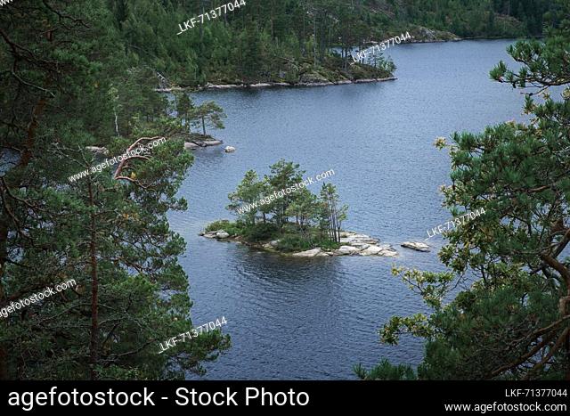 Small island in Lake StensjÃ¶n in Tyresta National Park in Sweden