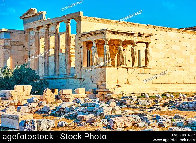 The Erechtheion temple with The Porch of the Caryatids on the Acropolis, Athens, Greece