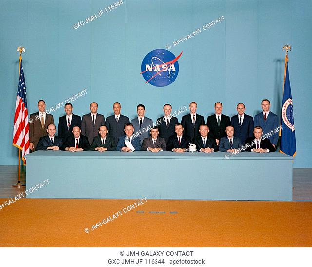 Portrait of astronaut group selected April 4, 1966. Seated, left to right, are Edward G. Givens Jr., Edgar D. Mitchell, Charles M. Duke Jr., Don L