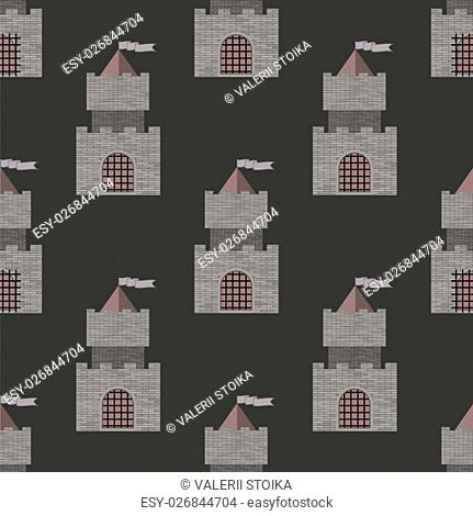 Brick Castle Seamless Pattern on Grey. Retro Tower Background