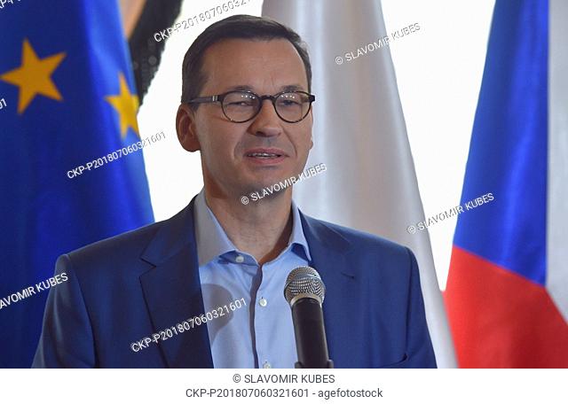 Polish Prime Minister Mateusz Morawiecki speaks to journalists during a press conference after his meeting with Czech counterpart Andrej Babis in Karlovy Vary