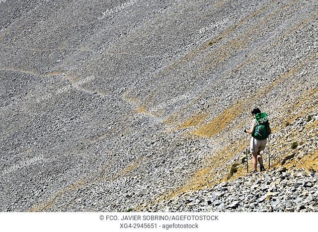 Trekkers near Collado del Ibón. Macizo de Cotiella. Valle de Gistaín. Pyrenees Mountains. Huesca Province. Aragón. Spain