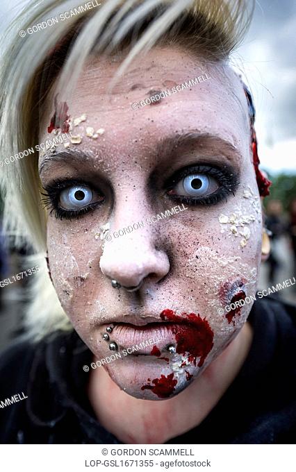 England, London, Marble Arch. A participant in the annual Zombie Invasion of London raising money for St Mungo's homeless charity