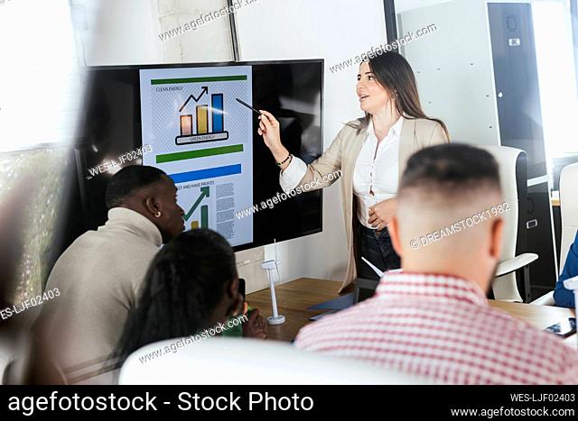 Businesswoman explaining renewable energies to colleagues over bar graphs in office